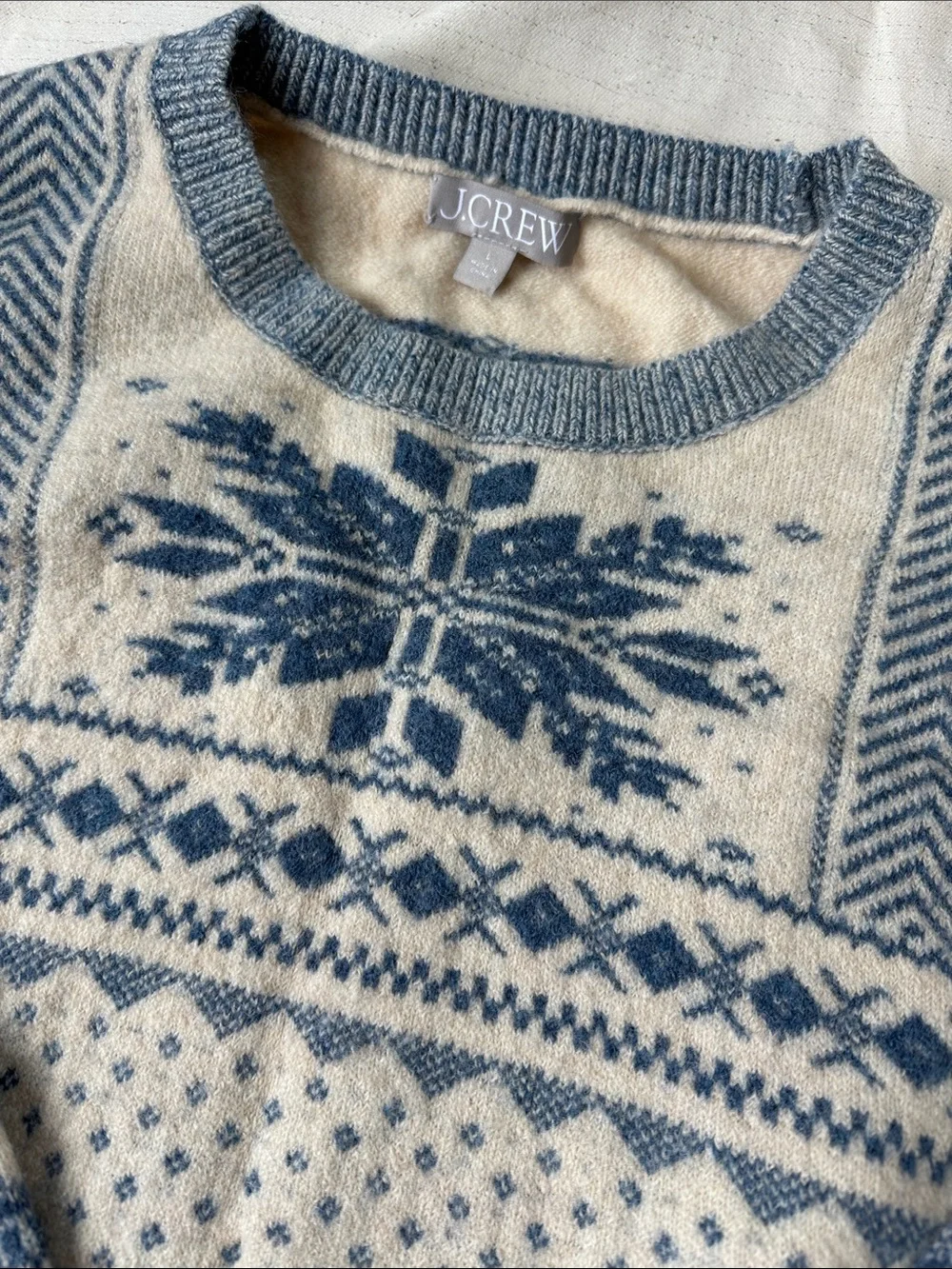 J. Crew Cream and Blue Fair Isle Crewneck Sweater